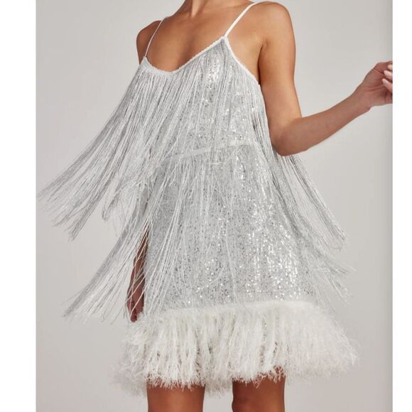 12th Tribe NWT Woman's Disco Fever Silver Fringe Sleeveless Mini Dress Size M - Picture 2 of 15